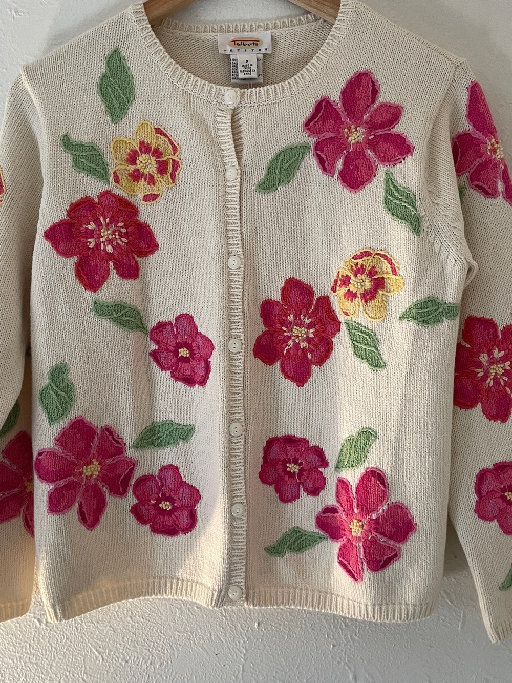 Vintage Talbots Petites Floral Embroidered Cardigan Ivory 100% Cotton NWT PS